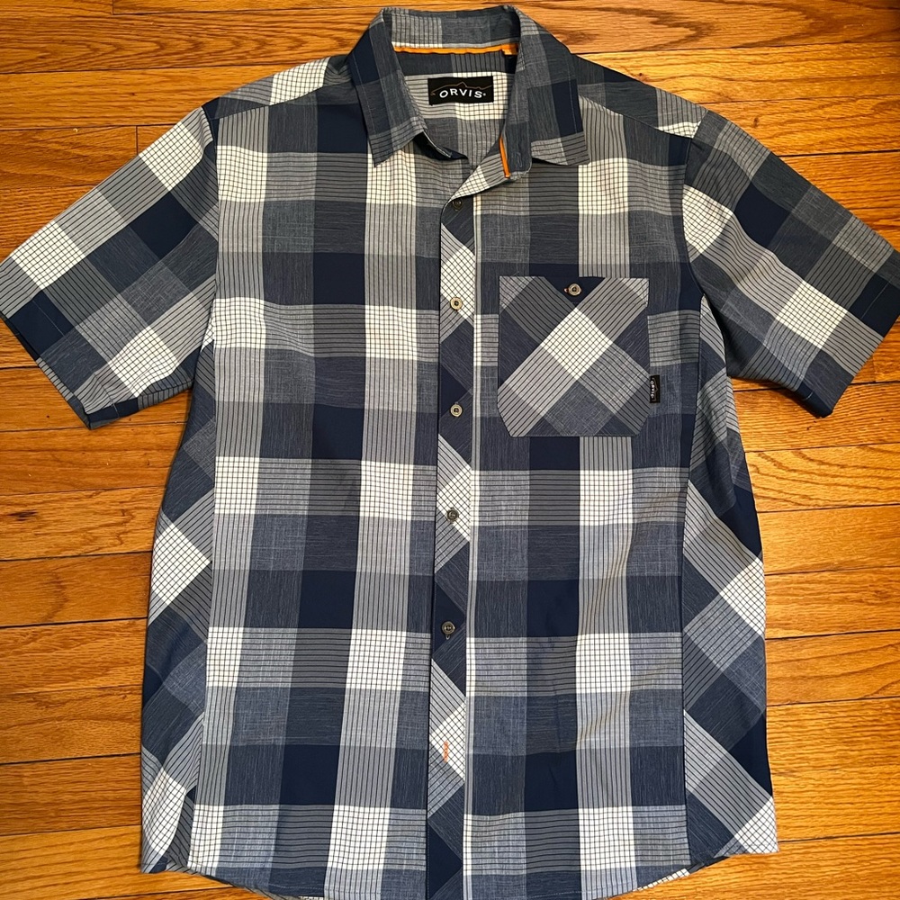 Orvis button down collared shirt plaid medium blue white